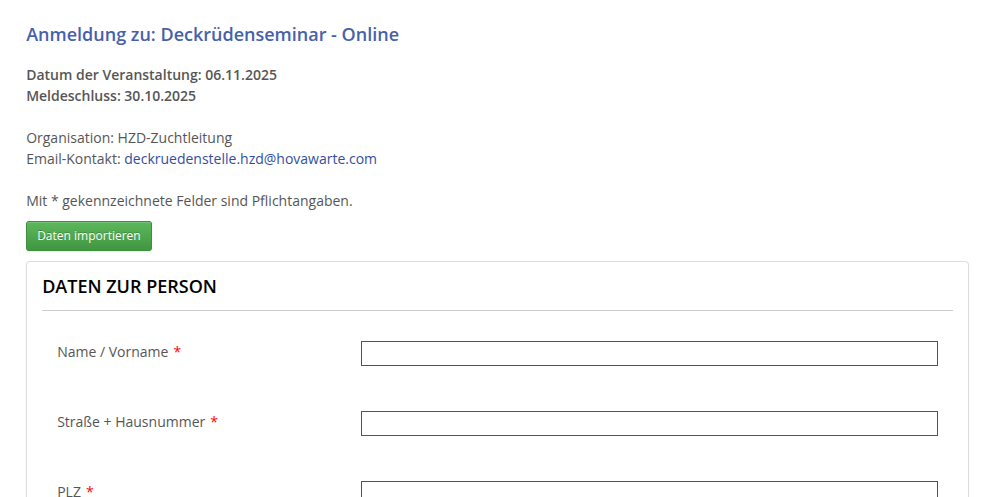 Anmeldemaske für eine Veranstaltung